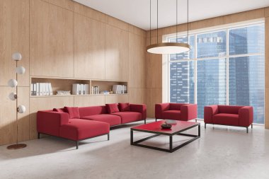 İş odası manzarası, kanepe ve kırmızı koltuklar, beton zeminde kahve masası. Kahve masası ile dinlenme ya da bekleme alanı. Singapur gökdelenlerinin panoramik penceresi. 3B görüntüleme