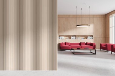 Çizgili bir duvar tasarımı, kırmızı koltuklar ve ahşap elementler içeren şık bir iç mekan. Modern dekor kavramları için ideal. 3B Hazırlama