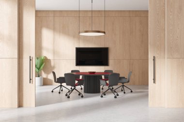 Açık ahşap iç mekan sandalyeler ve kırmızı yuvarlak tahta pano, ahşap duvarda televizyon ekranı. Beton zeminde tesisi olan bir konferans alanı, sürgülü kapılar. 3B görüntüleme