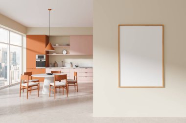 Yemek masası, sandalye ve beton zemin olan renkli ev mutfağı. Dolap ve gökdelenlerin panoramik penceresiyle yemek pişirme alanı. Tuvalin posterini hazırla. 3B görüntüleme