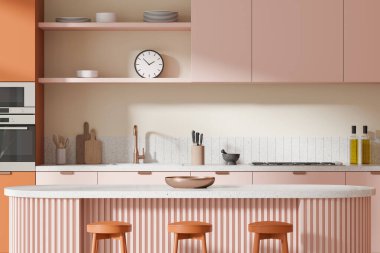Modern bir mutfakta pembe dolaplar ve zarif tasarım elementleri yumuşak bir arka planda, çağdaş yaşam kavramında sergilenir. 3B Hazırlama