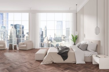 Şık bir yatak odası. İçinde bir yatak odası, sandalyeler ve şehrin ufuk çizgisini gösteren geniş pencereler var. Minimalist tasarım, parlak arka plan. 3B Hazırlama