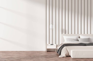 Minimalist bir yatak odası boş bir duvar, ahşap döşeme ve yumuşak yatak döşemeleri sergiliyor. Model ve düzen için ideal. 3B Hazırlama