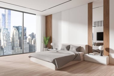 Otelin yatak odası manzarası, parke zeminde yatağı var. Süslü çarşaf ve komodin. Gökdelenlerin panoramik penceresiyle rahatlama köşesi. 3B görüntüleme