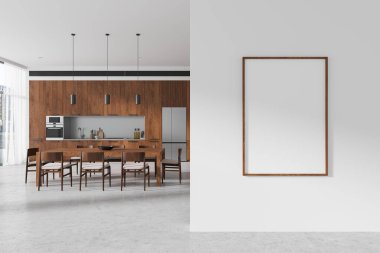 Beyaz ve ahşap mutfak iç mekan yemek masası ve sandalyeler, dolap ve mutfak malzemeleri. Minimalist yemek pişirme alanı tasarımlı buzdolabı. Gökdelenlerin panoramik penceresi. 3B görüntüleme