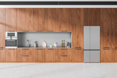 Klasik ahşap mutfak iç mimarisi, mutfak aletleri ve mutfak gereçleri. Lavabo, ocak, fırın ve buzdolabı beton zeminde. Çağdaş dairede minimalist yemek alanı. 3B görüntüleme