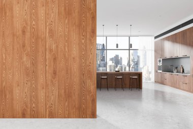 Ahşap bir duvar, modern mobilyalar ve şehir manzaralı bir mutfak. Çağdaş tasarım kavramı. 3B Hazırlama