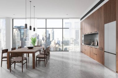 Şık bir ev mutfağı yemek masası, sandalyeler, dolap ve mutfak malzemeleri. New York gökdelenlerinde panoramik pencereli minimalist yemek alanı tasarımı. 3B görüntüleme