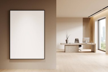 Ofis içi masası, bilgisayar, Bangkok gökdelenlerinde panoramik pencere. Minimalist dekorasyonlu Ceo çalışma alanı. Bölüme uzay posteri kopyala. 3B görüntüleme