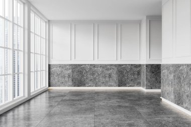 Geniş, modern bir oda. Geniş pencereleri, aydınlık duvarları ve gri taş döşemeleri var. Minimalist tasarım, doğal ışık ve basitliği vurgular. 3B Hazırlama.