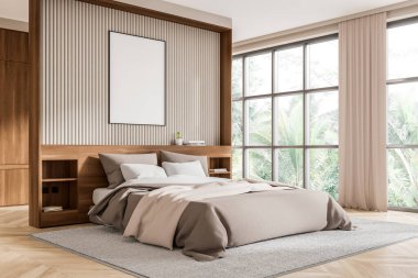 Minimalist bir yatak odasında yatağın üstündeki duvarda ahşap aksanlı ve geniş pencereli boş bir poster vardır. Samimi ve modern bir dekor. 3B Hazırlama