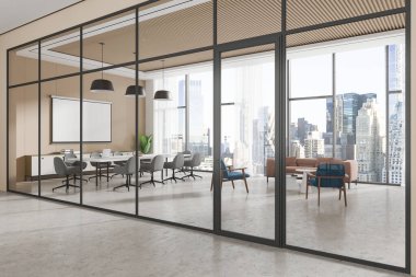 Cam bölmeli, toplantı masalı, sandalyeli ve modern dekorlu açık bir uzay ofisi. Arka planda parlak şehir silueti var. İş konsepti. 3B Hazırlama