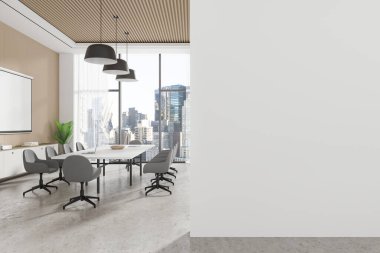 İç mekan, koltuk, tahta ve beton zemin toplantıları. Boş projeksiyon ekranı ve büfe. New York gökdelenlerinin panoramik penceresi. Boş duvar bölmesini düzenle. 3B görüntüleme