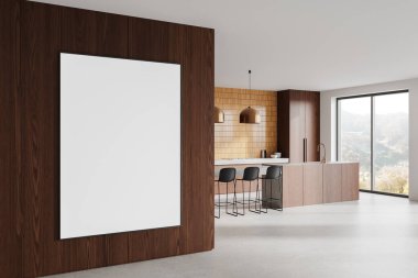 Ahşap ev mutfağı manzarası mutfak dolabı, bar adası ve beton zemindeki koltuklar. Kare bir tuval posteri yap. Kırsal kesimde panoramik pencere. 3B görüntüleme