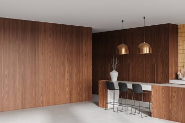 Lüks mutfak manzarası, bar adası, mutfak malzemeleri ve bulaşıklarla dolu mutfak dolabı. Raflar ve boş ahşap duvar bölmeleri. 3B görüntüleme