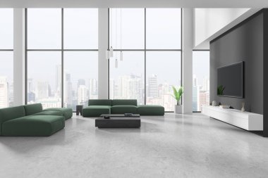 Geniş, modern oturma odası yeşil kanepeler, büyük pencereler şehir manzarası, ve minimalist dekorlar. Temiz, çağdaş bir kavram. 3B Hazırlama