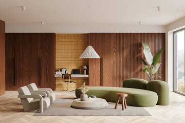 Eğri mobilyalar, nötr renkler, ahşap duvar aksanları, büyük bir pencere ve minimalist çalışma alanı olan modern oturma odası. 3B Hazırlama