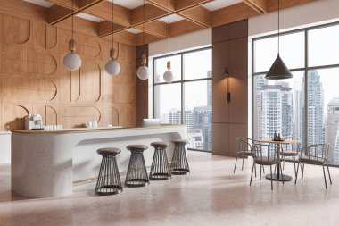 Ahşap ve bej kafenin köşesi, bar tezgahı ve taburesi, gökdelenlerin panoramik penceresi. Kahve makinesi ve bilgisayar olan şık bir yemek odası. 3B görüntüleme