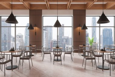 Geniş pencereleri, ahşap tavanı ve metal mobilyaları olan modern bir restoran iç mimarisi. Ufuk çizgisi manzarası sunuyor. 3B Hazırlama