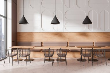 Kafe iç tasarımı. Ahşap duvarlar, dahili koltuklar, masaların üzerinde kolye ışığı ve büyük pencereler var. Minimalist bir kavram. 3B Hazırlama