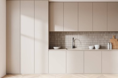 Açık bej ev yapımı mutfak iç mutfak dolabı ve raflar gizli. Mutfak gereçleri ve ahşap zemini olan modern bir dairede yemek pişirme alanı. 3B görüntüleme