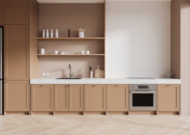 Ahşap zemininde dolabı olan bej bir ev mutfağı. Modern dairede mutfak gereçleri, lavabosu, ocağı ve mutfak gereçleri olan lüks yemek alanı. 3B görüntüleme