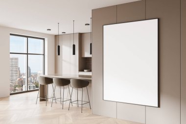 Mutfak duvarındaki boş çerçeveli poster. Bar tabureleri, kolye ışıkları ve şehir manzarasını gösteren geniş pencereli modern bir iç mekan. 3B Hazırlama