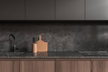 Karanlık ve ahşap mutfak içi lavabo, elektrikli ocak, boş kuvars tezgahı. Lüks apartmandaki şık yemek pişirme alanına yakın çekim. 3B görüntüleme