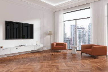 Evde oturma odasının iç döşeme manzarası televizyon ekranı, iki koltuk ve kahve masası. Yan duvar monte edilmiş ve ahşap zemin. Gökdelenlerin panoramik penceresi. 3B görüntüleme