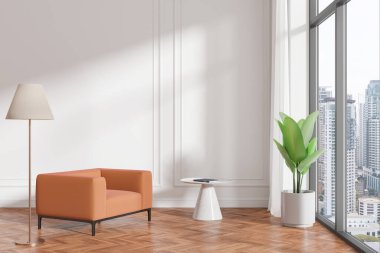 Klasik ev oturma odası koltuğu, dekorasyonu ve lambası olan kahve masası. Bitkilerle dolu modern dinlenme bölgesi. Bangkok 'ta panoramik pencere. 3B görüntüleme