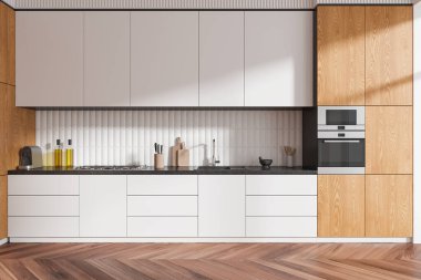 Beyaz ve ahşap mutfak dolabı mutfak malzemeleri, ahşap döşeme. Modern dairede lavabo, gaz sobası ve fırın ile uzay tasarımı yapmak. 3B görüntüleme