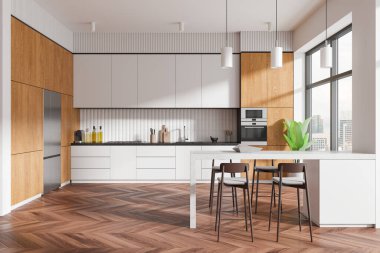 Ahşap ve beyaz dolapları, mutfak adası ve tabureleri olan modern bir mutfak. Büyük pencereler ve parke döşemeler. Ev tasarımı kavramı. 3B Hazırlama