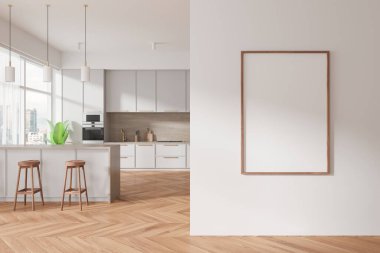 Bar tezgahı, tabure ve ahşap zemini olan şık bir ev mutfağı. Dolap ve gökdelenlerin panoramik penceresiyle yemek pişirme alanı. Bölümdeki tuval posterini taklit et. 3B görüntüleme