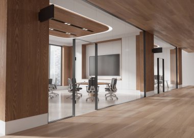 Cam konferans odalarının köşesi. İçi sandalye, tahta ve televizyon dolu. İş koridoru ve koridor, gökdelenlerde panoramik pencereli buluşma alanı. 3B görüntüleme