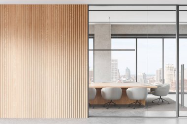 Minimalist ofis içi solunda ahşap bir duvar ve cam bölme şehir manzaralı bir konferans odasını gösteriyor. 3B Hazırlama