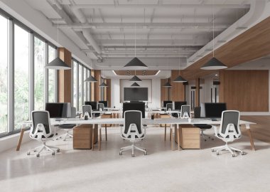 Birlikte çalışma ve cam konferans odası, masa başında bilgisayar ve sıra sıra dizilmiş koltuklar ile hafif iş iç mekanı. Tropik bölgelerde kurumsal çatı katı ve panoramik pencere. 3B görüntüleme