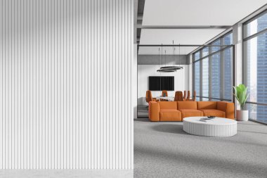 Portakal rengi koltukları ve geniş pencereleri olan modern bir ofiste boş bir duvar modeli tasarım sunumu için ideal boş bir şablon. 3B Hazırlama
