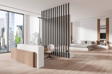 Ev yatak odası iç mekan çalışma masası, sandalye ve oda ayırıcısı köşesi. Yatak ve komodinli dinlenme bölgesi. New York gökdelenlerinin panoramik penceresi. 3B görüntüleme