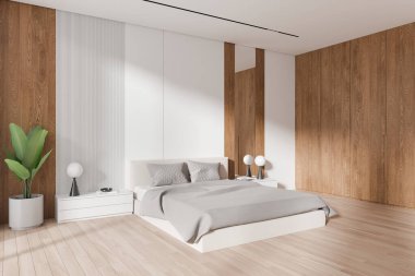 Otelin yatak odası manzarası, parke zeminde yatağı var. Süslü çarşaf ve komodin. Ahşap gardıropla rahatlatıcı bir köşe. 3B görüntüleme