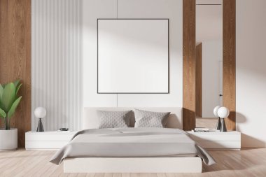 Modern bir yatak odasında boş bir poster, rahat bir yatak, ahşap paneller ve yumuşak ışıklandırma. Minimalist stil, gösteri konsepti için mükemmel. 3B Hazırlama