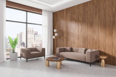 Oturma odası manzarası kanepe ve koltuk, beton zeminli kahve masası. New York gökdelenlerinde panoramik penceresi olan ahşap soğuk bölge. 3B görüntüleme
