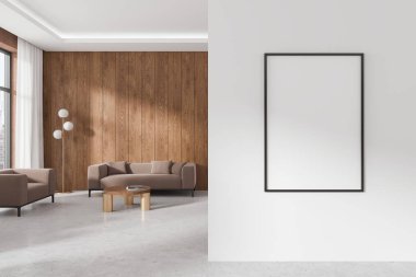 Modern bir oturma odasında boş bir poster modeli, ahşap bir duvar, mobilyalar ve temiz beyaz bir arka plan, gösterim kavramları için ideal. 3B Hazırlama.