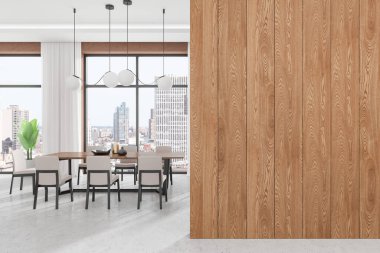 Klasik oturma odası. Ahşap yemek masası, sandalyeler, beton zemin. Bitkilerle yemek yemek ya da buluşma yeri. New York 'ta panoramik pencere. Boş kopya uzay duvarı. 3B görüntüleme