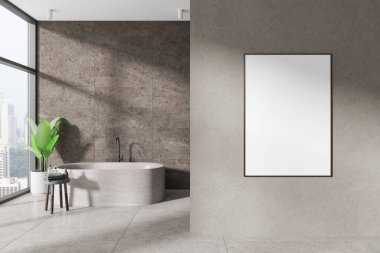 Modern bir banyoda, banyo küveti, büyük penceresi ve bitkisi olan beton duvarda boş bir poster modeli. Minimalist tasarım konsepti. 3B Hazırlama