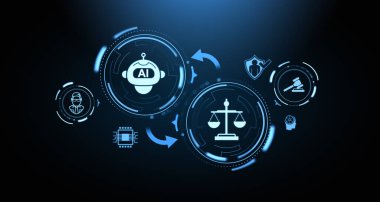 Sohbet robotu ve pullarıyla parlayan hologram, sanal avukat ve güvenlik. Ai etik ya da mevzuat. Makine öğrenme algoritmalarındaki düzenleme kavramı. 3B resimleme