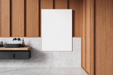 Modern bir banyoda, ahşap paneller ve taş döşemeleri olan boş çerçeveli tuval modeli, şık bir lavabo düzeneği içeriyor. 3B Hazırlama