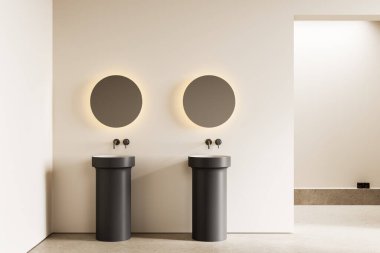Açık ev banyosu, çift lavabo, iki yuvarlak ayna ve bej duvar bölmesi. Modern dairede minimalist banyo alanı. 3B görüntüleme