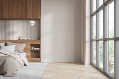Boş bir duvarı, büyük pencereleri, ahşap mobilyaları ve yumuşak yatak döşeği olan rahat bir yatak odası. 3B Hazırlama