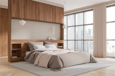 Konforlu yatak odası, ahşap mobilyalar, tarafsız yatak örtüsü ve şehir manzarasına bakan geniş bir pencere. Minimalist tasarım ve yumuşak tonlar. 3B Hazırlama