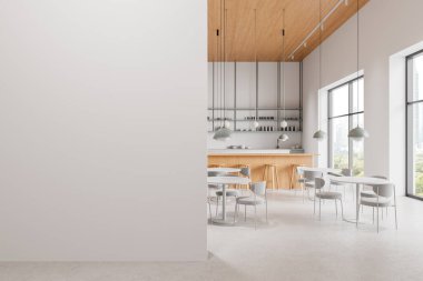 Bar tezgahlı şık bir kafe, sandalyeli yuvarlak yemek masaları. Gökdelenlerde panoramik pencereli hafif yeme alanı. Boş duvar bölmesini düzenle. 3B görüntüleme